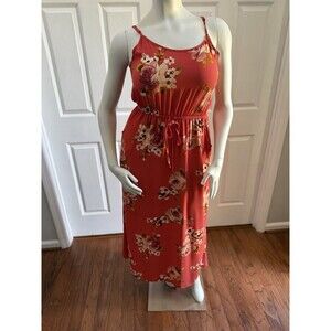 Coral Pink Floral Midi Maxi Dress Women’s Sleeveless Dress L Boho Cottagecore